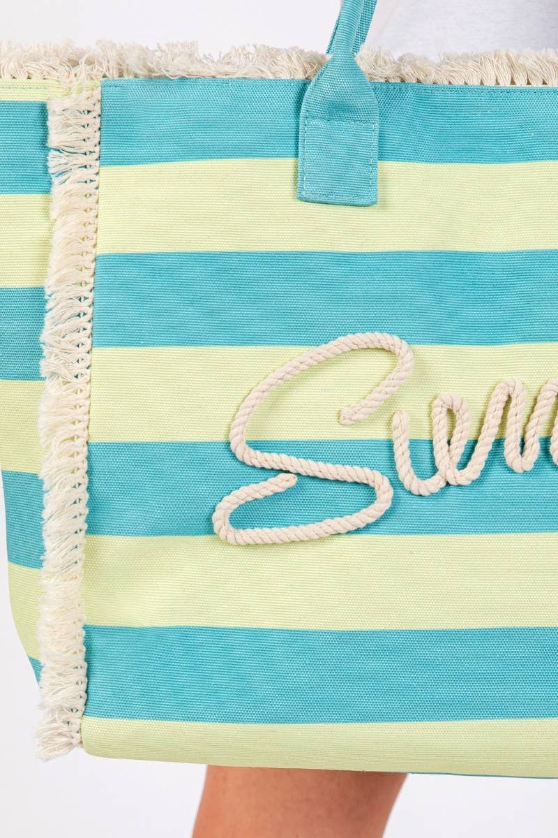 Striped Fringe Trim Summer Print Tote Bag