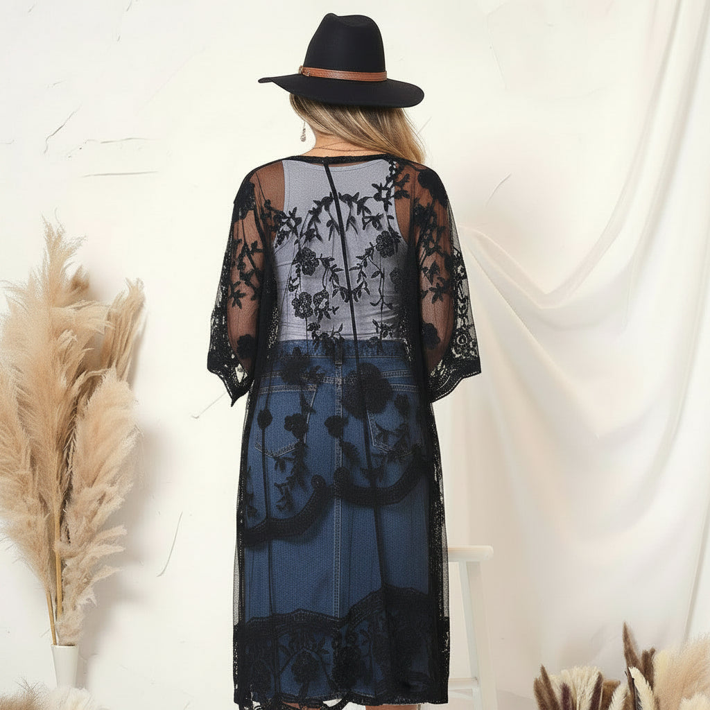 Embroidered Floral Butterfly Kimono Cover Up Cardigan