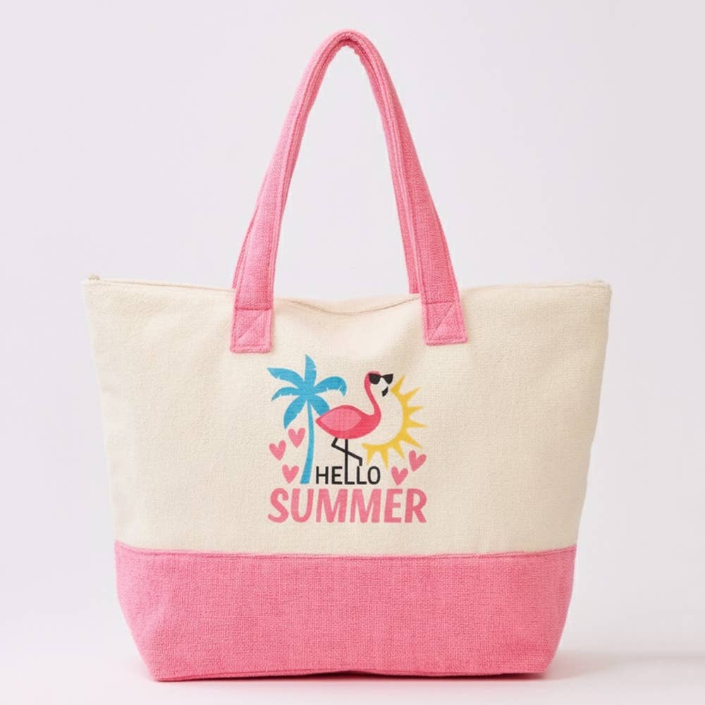 Hello Summer Pink Flamingo Terry Tote Bag