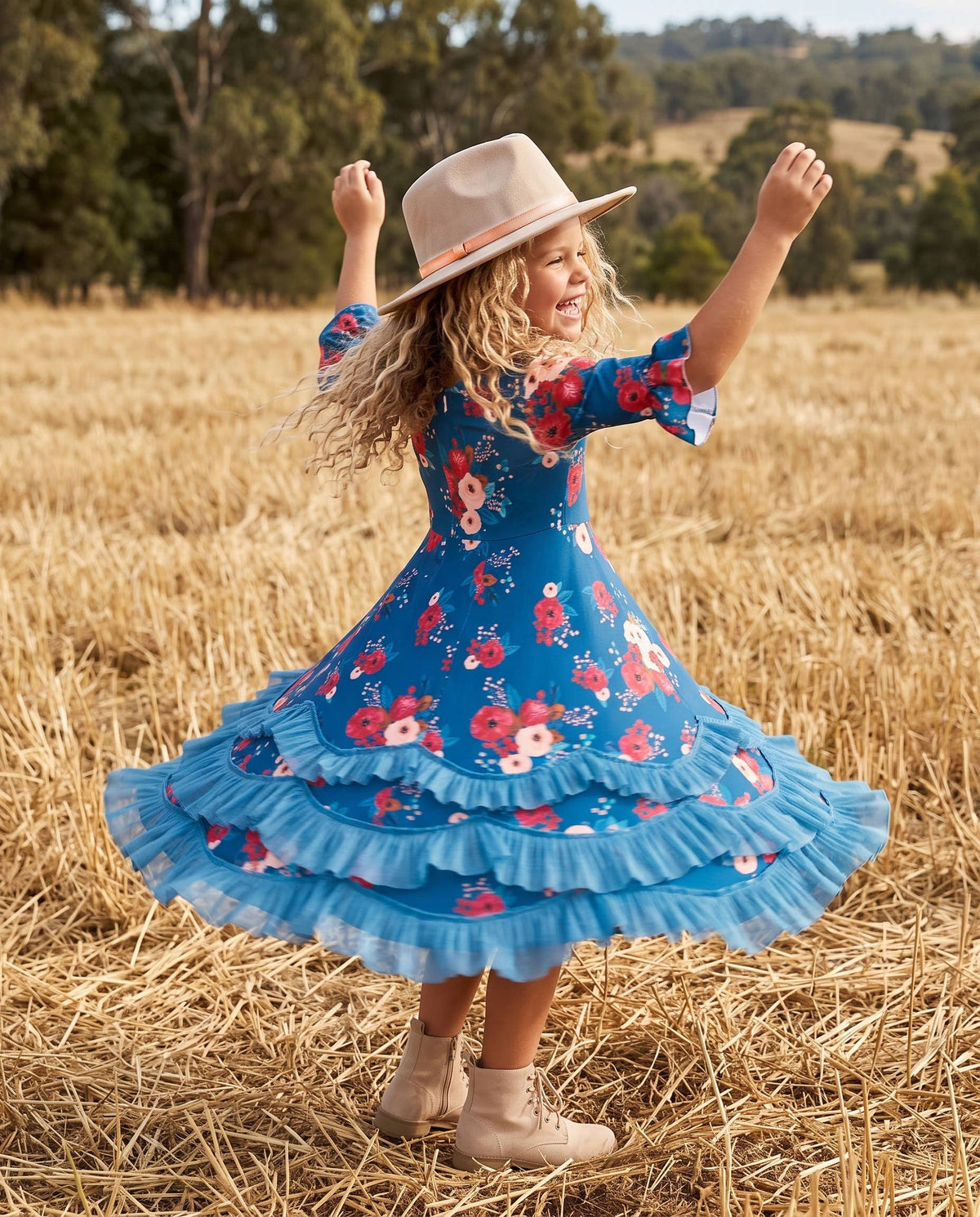 Girls Bella Blue Sapphire & Ruby Garden Twirl Ruffles Dress