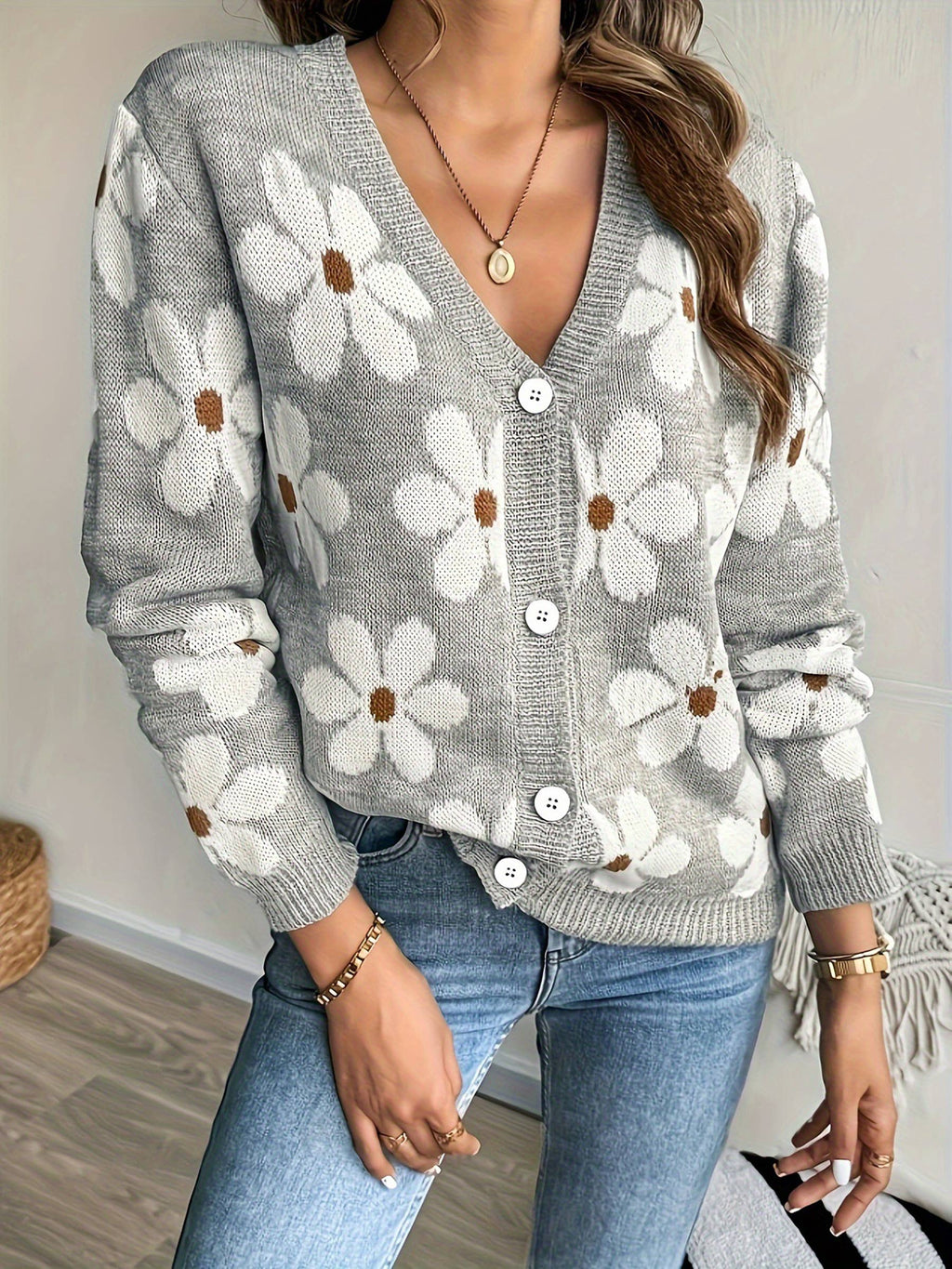V-neck Cardigan Jacquard Sweater