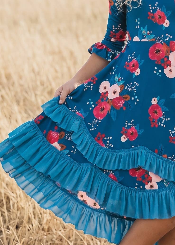 Girls Bella Blue Sapphire & Ruby Garden Twirl Ruffles Dress