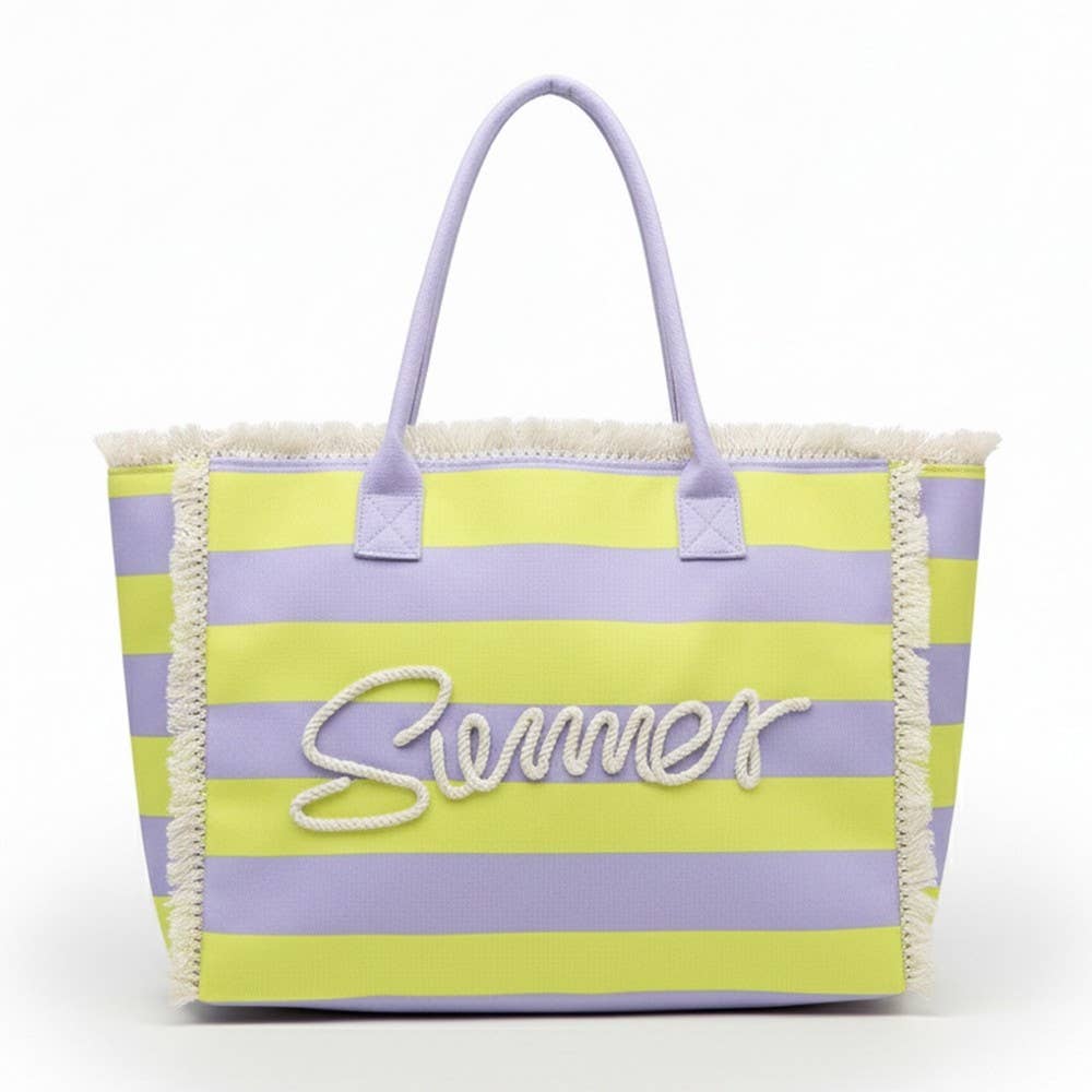 Striped Fringe Trim Summer Print Tote Bag