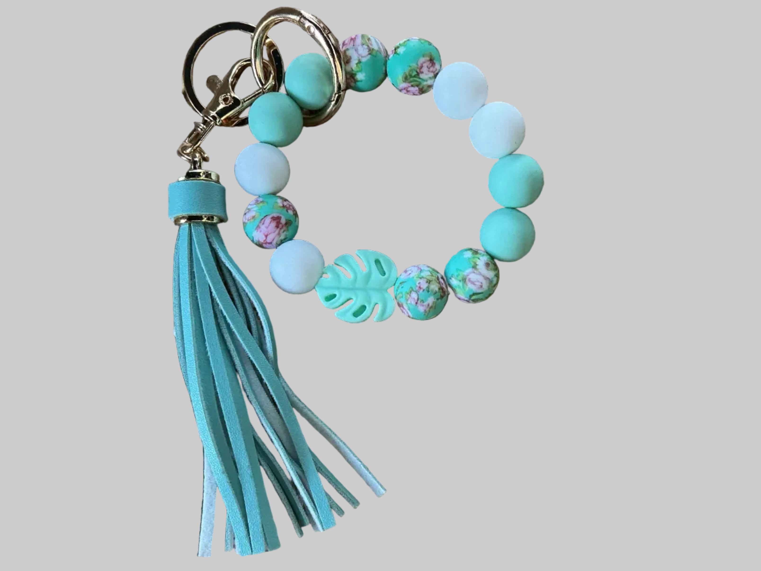 Palm Leaf Rubber Beaded Keychain with Tassel - Mint Green