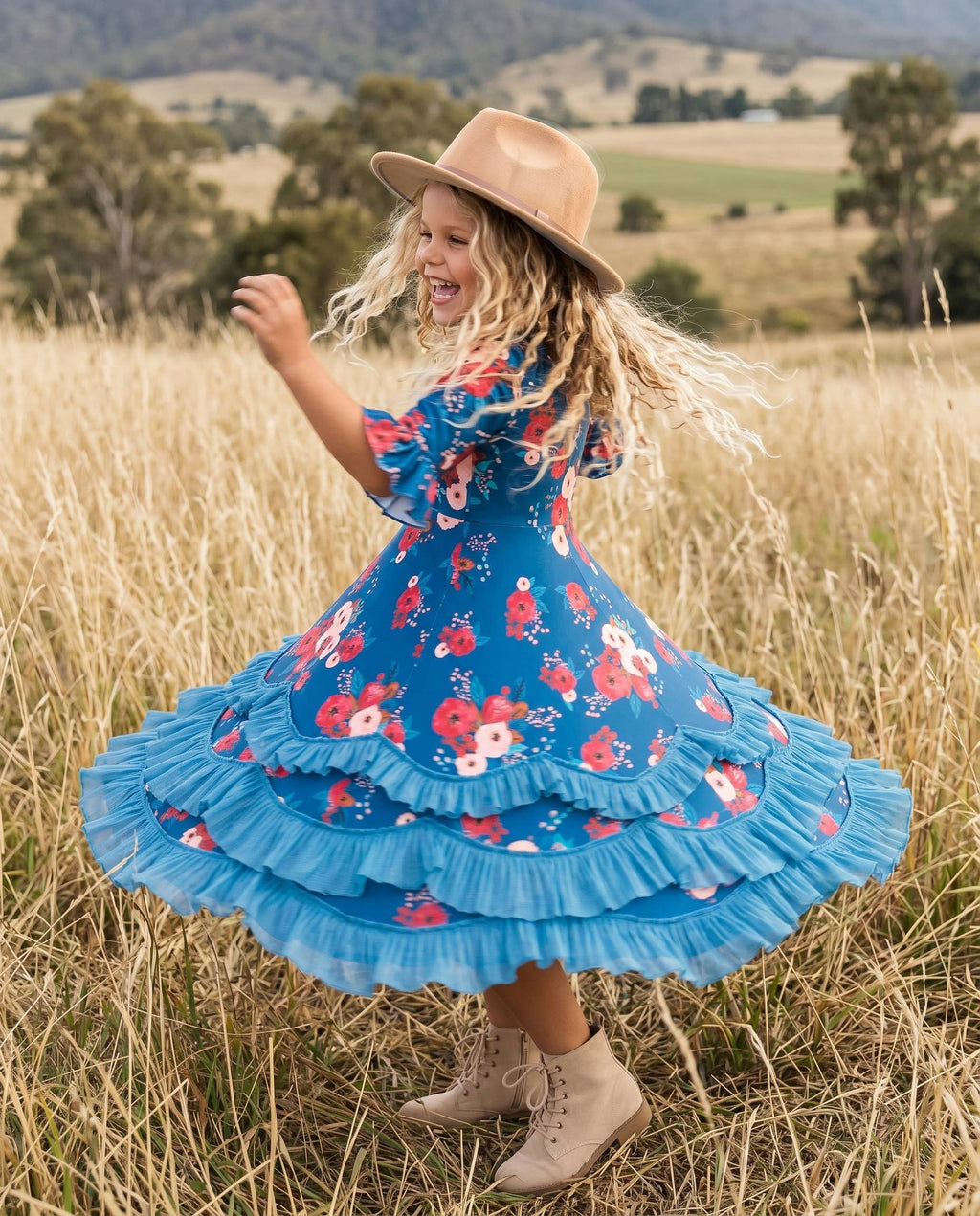 Girls Bella Blue Sapphire & Ruby Garden Twirl Ruffles Dress