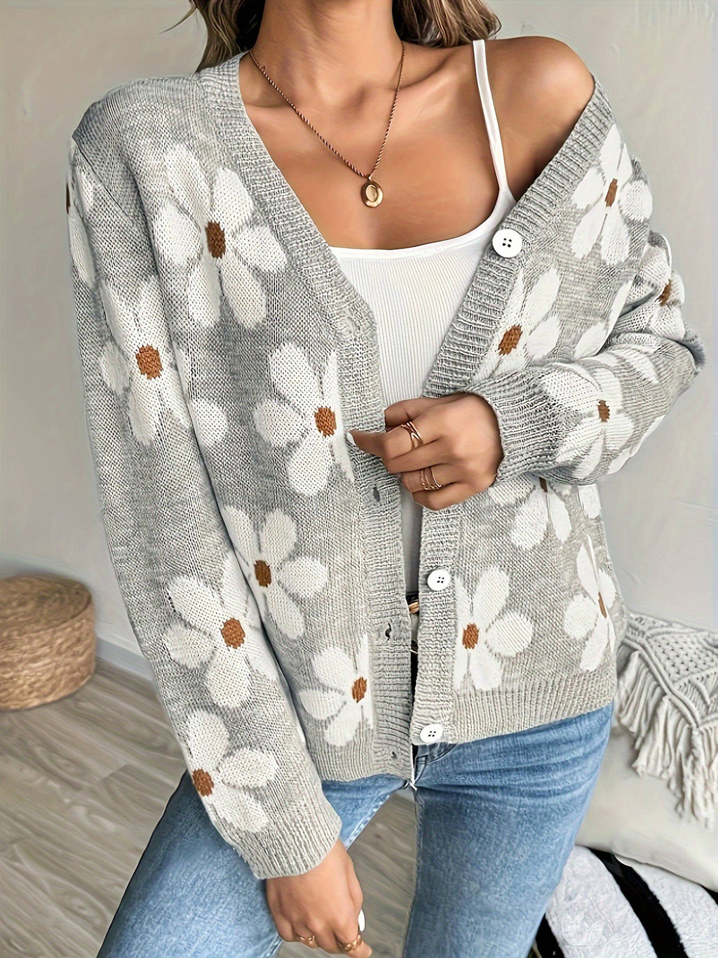 V-neck Cardigan Jacquard Sweater