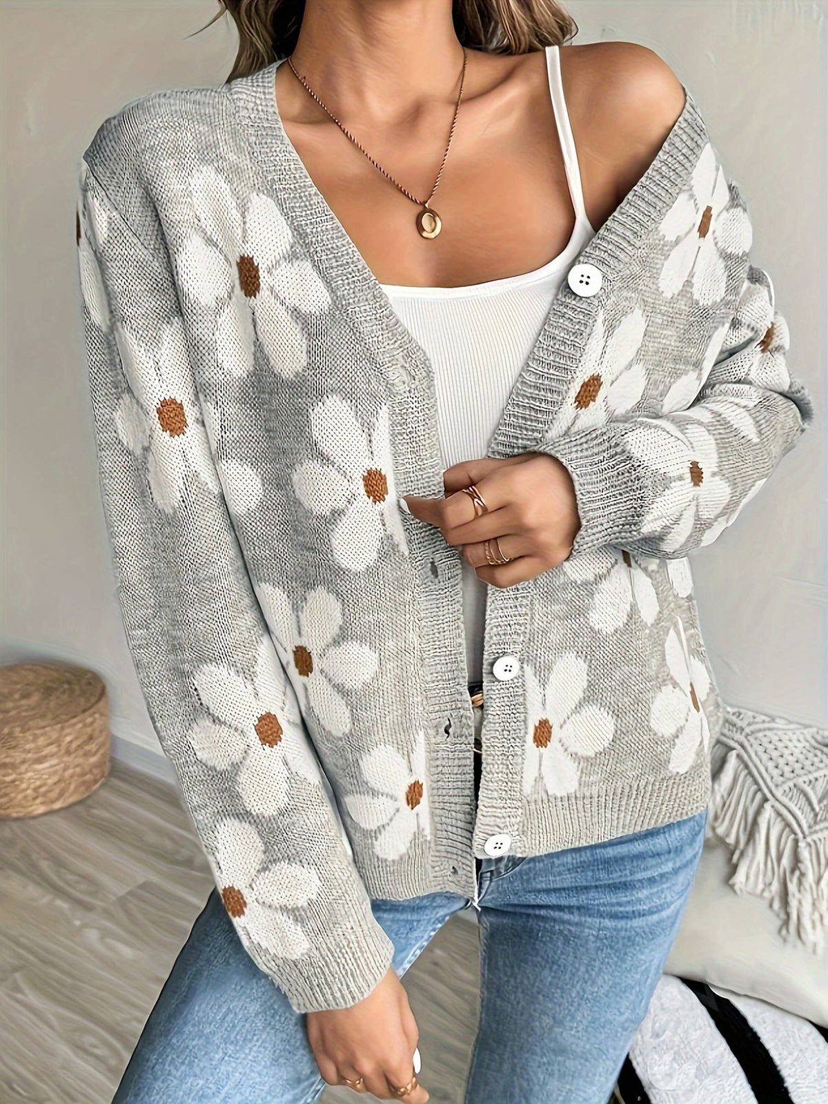 V-neck Cardigan Jacquard Sweater