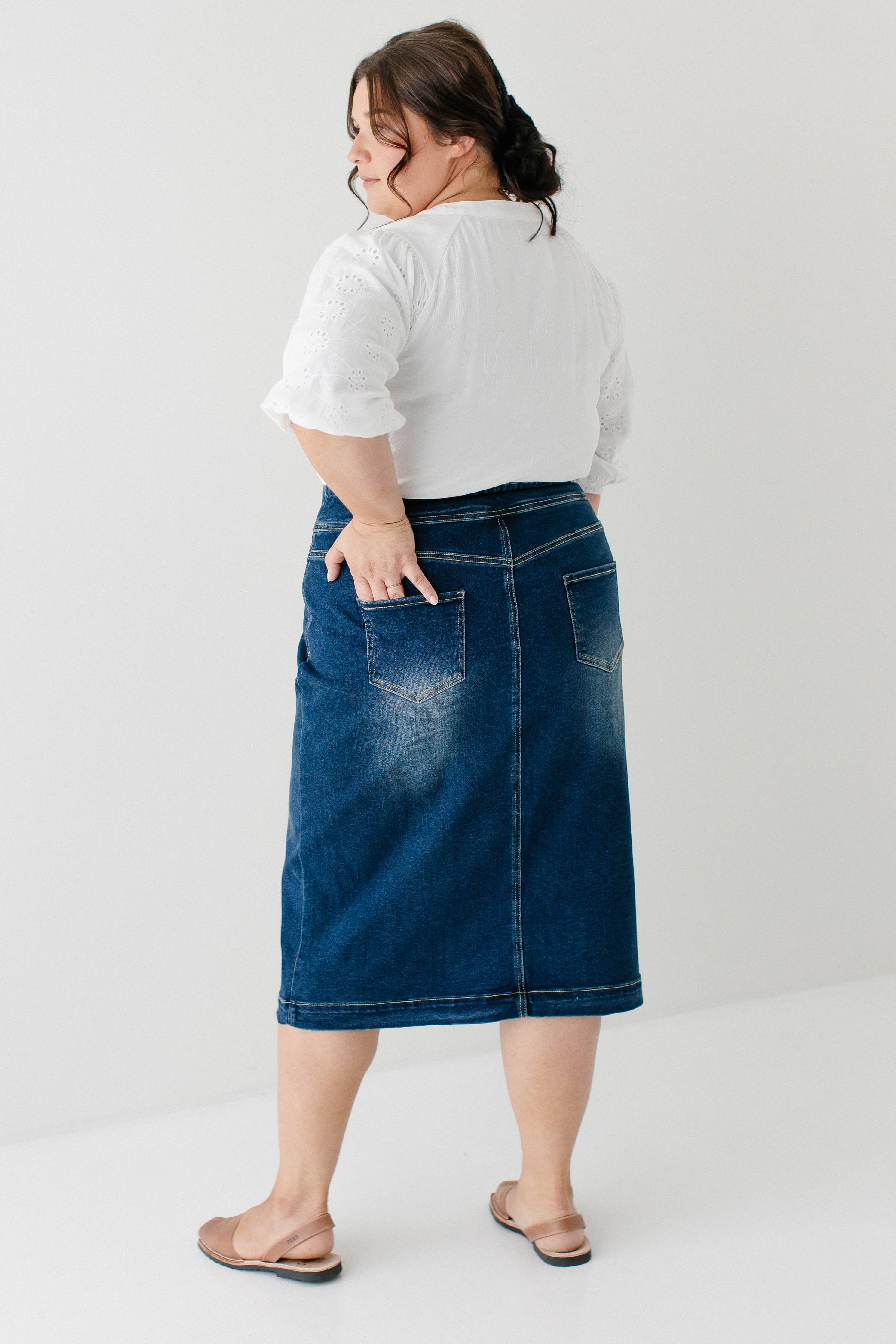 'Sara' Classic Knee Length Dark Denim Skirt