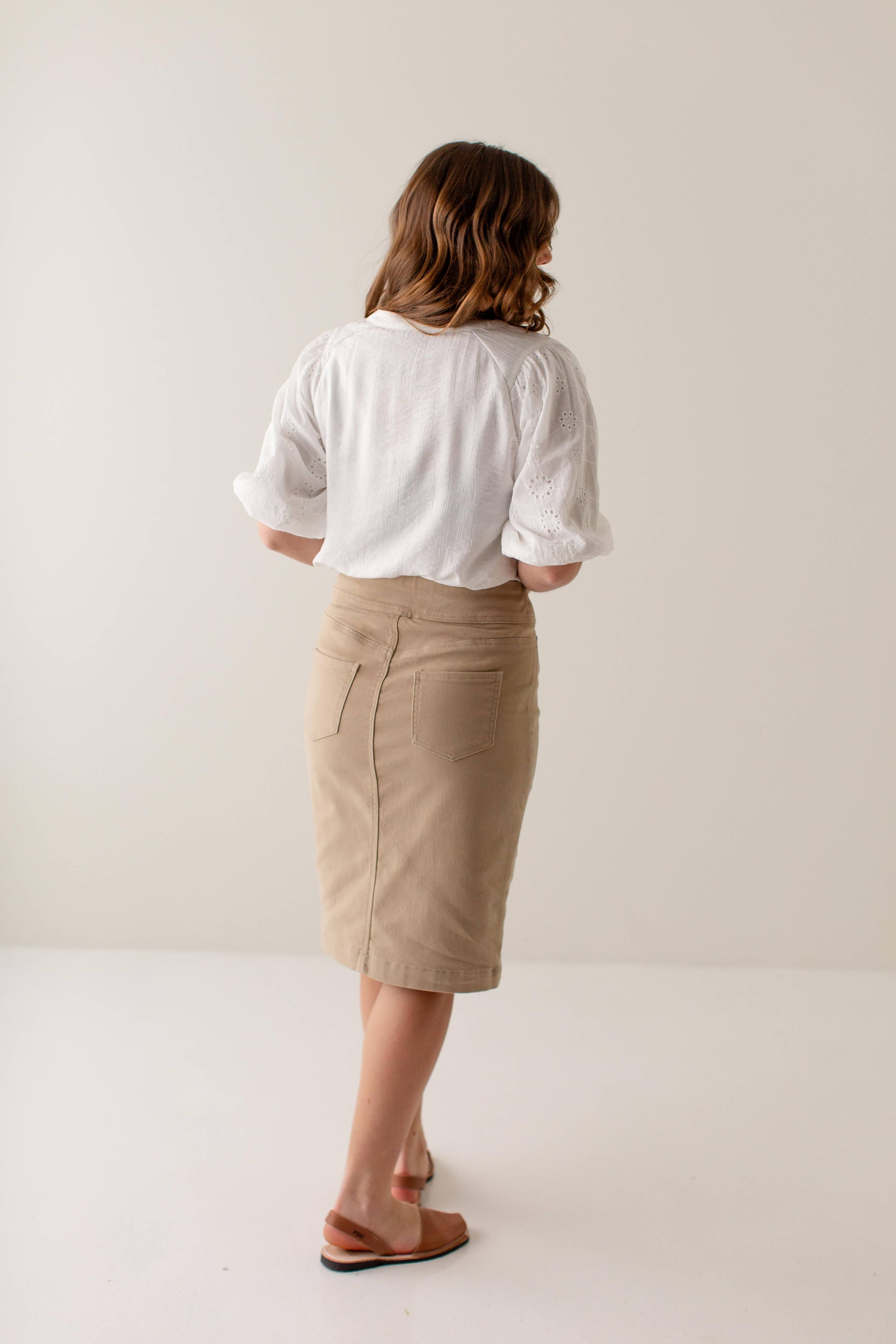 'Sara' Stretch Denim Skirt in Khaki