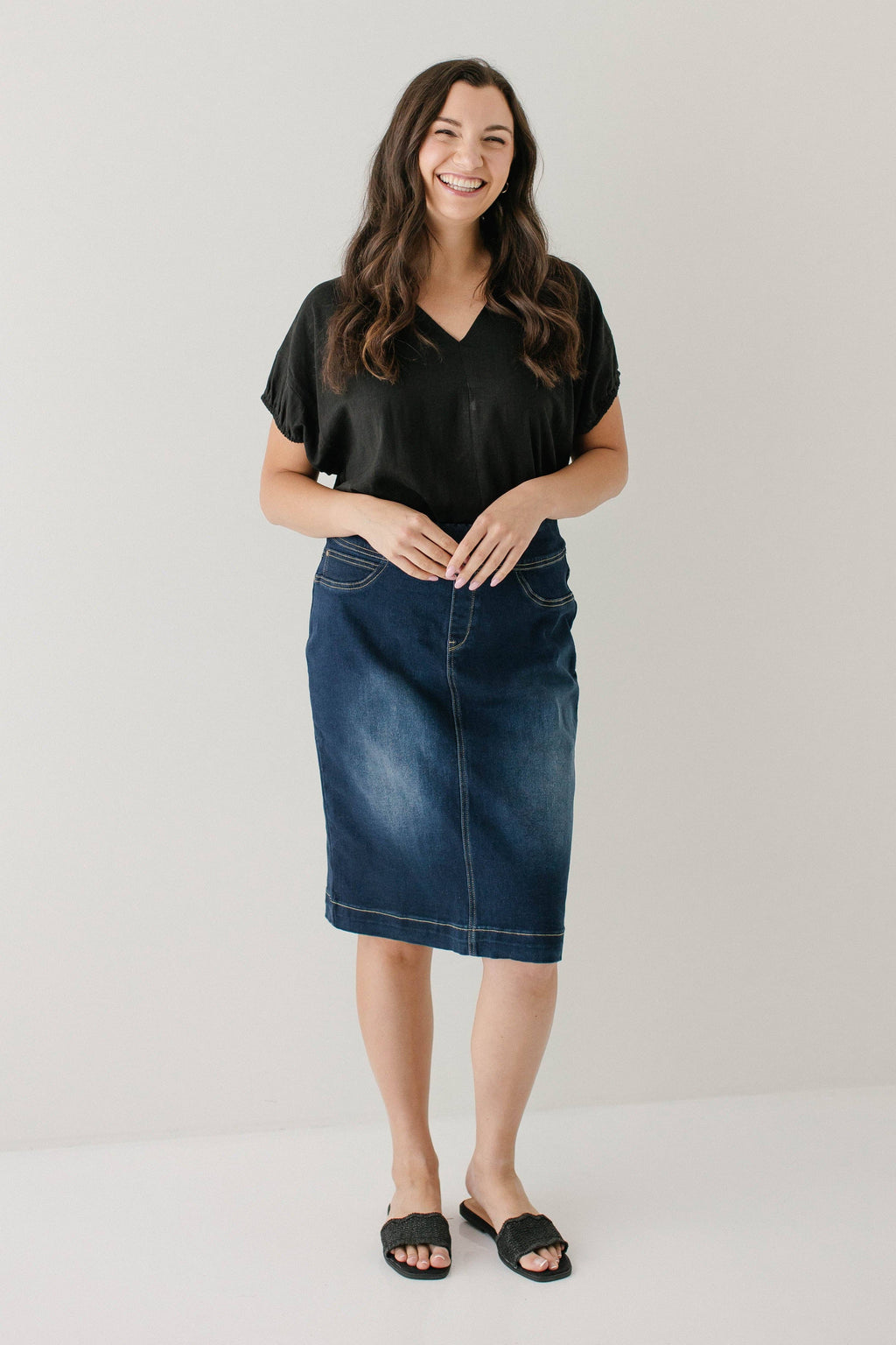 'Sara' Classic Knee Length Dark Denim Skirt