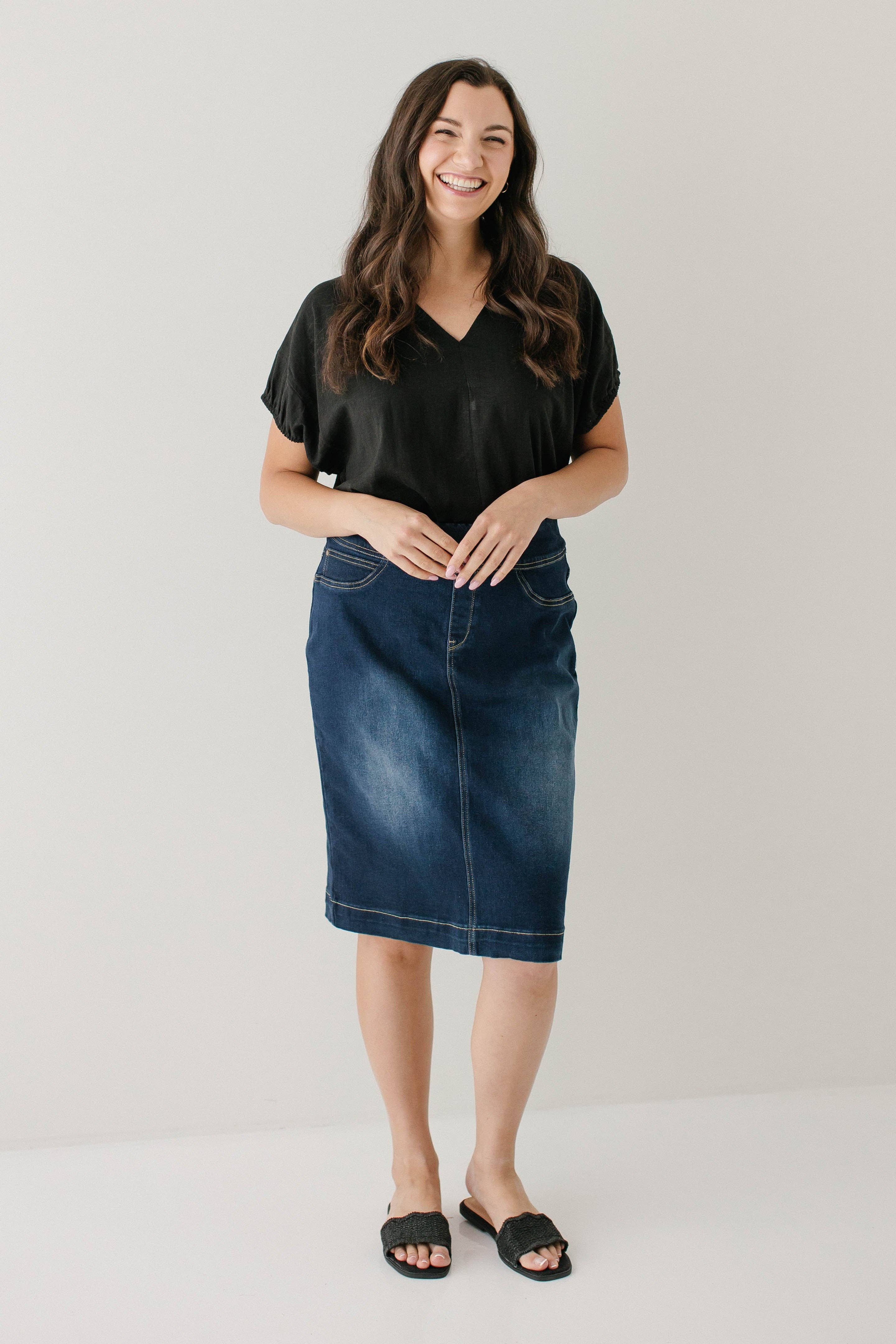'Sara' Classic Knee Length Dark Denim Skirt