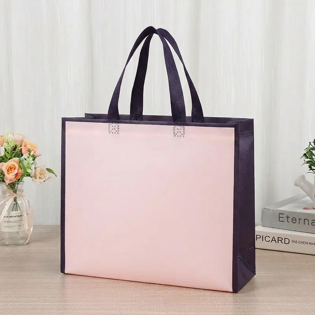 50pcs, 3 Sizes Light Pink w/ Black Border Non-woven Gift Bag