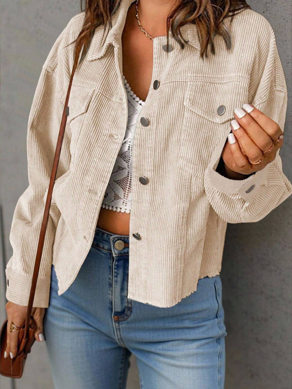 Women Solid Corduroy Loose Shirt With Pockets
