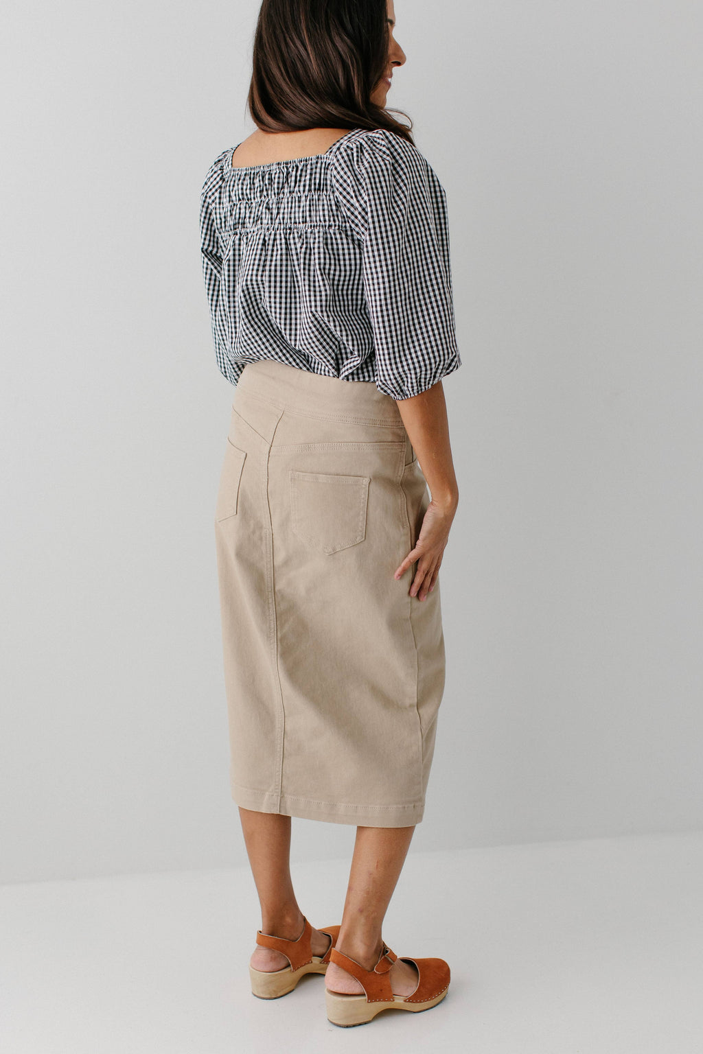 'Sara' Stretch Denim Skirt in Khaki