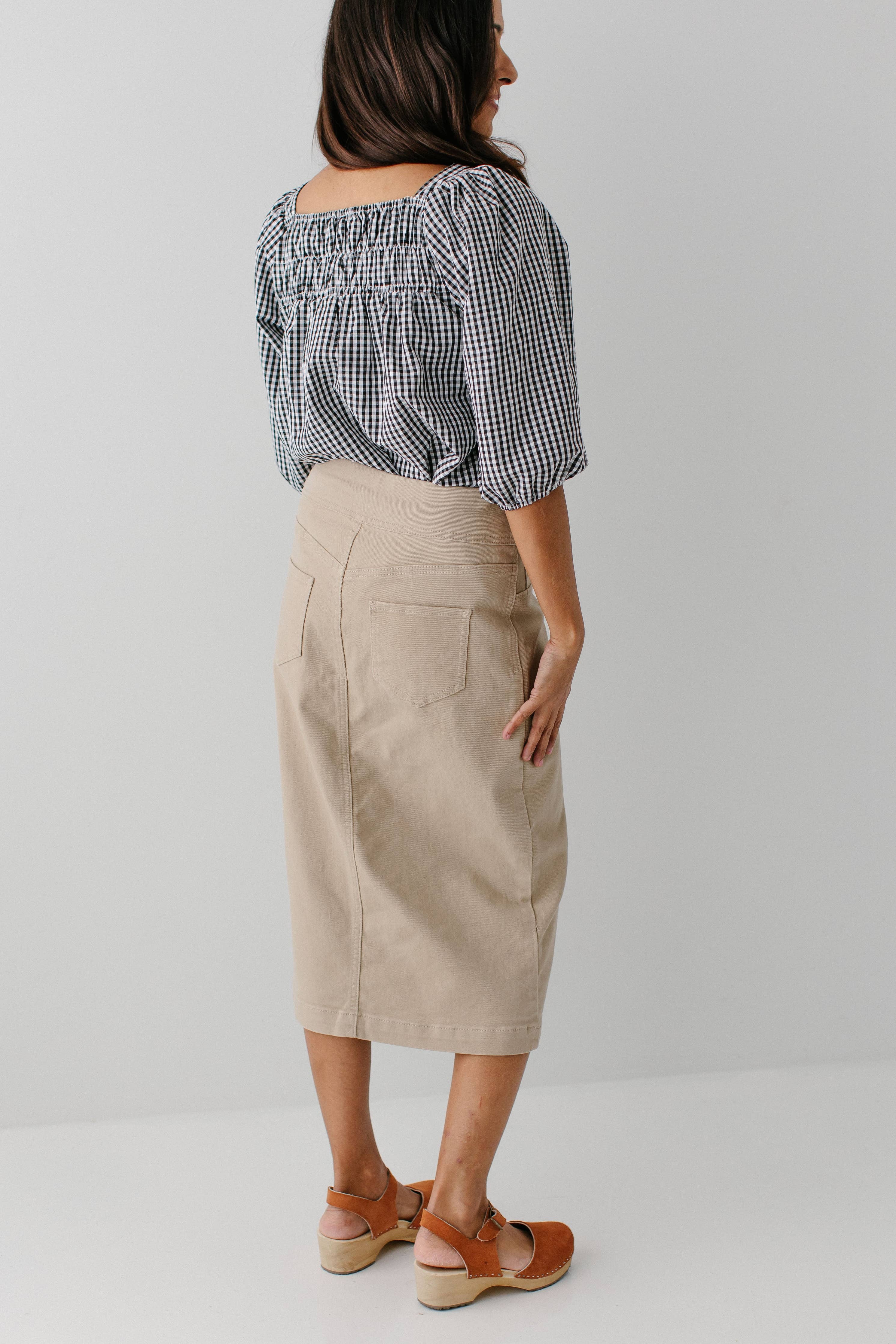 'Sara' Stretch Denim Skirt in Khaki