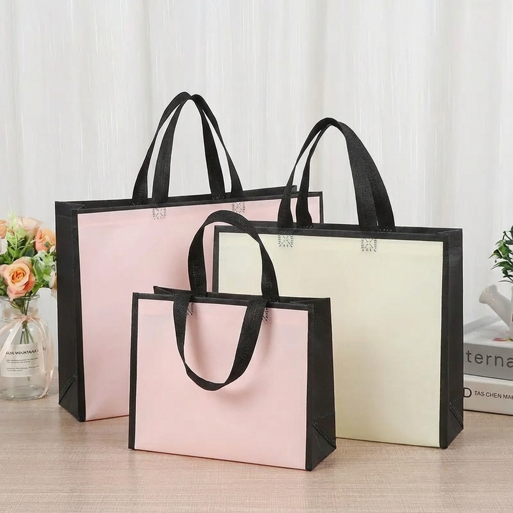 50pcs, 3 Sizes Light Pink w/ Black Border Non-woven Gift Bag
