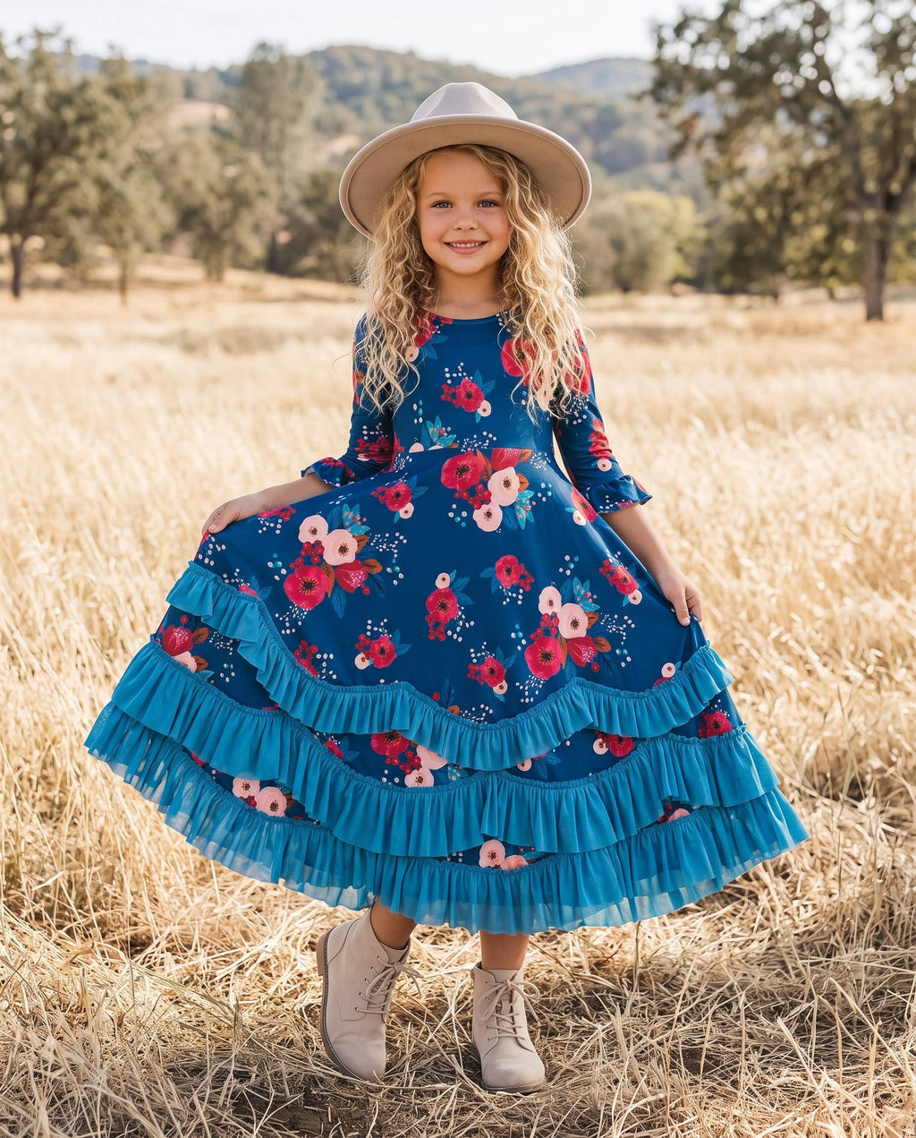 Girls Bella Blue Sapphire & Ruby Garden Twirl Ruffles Dress
