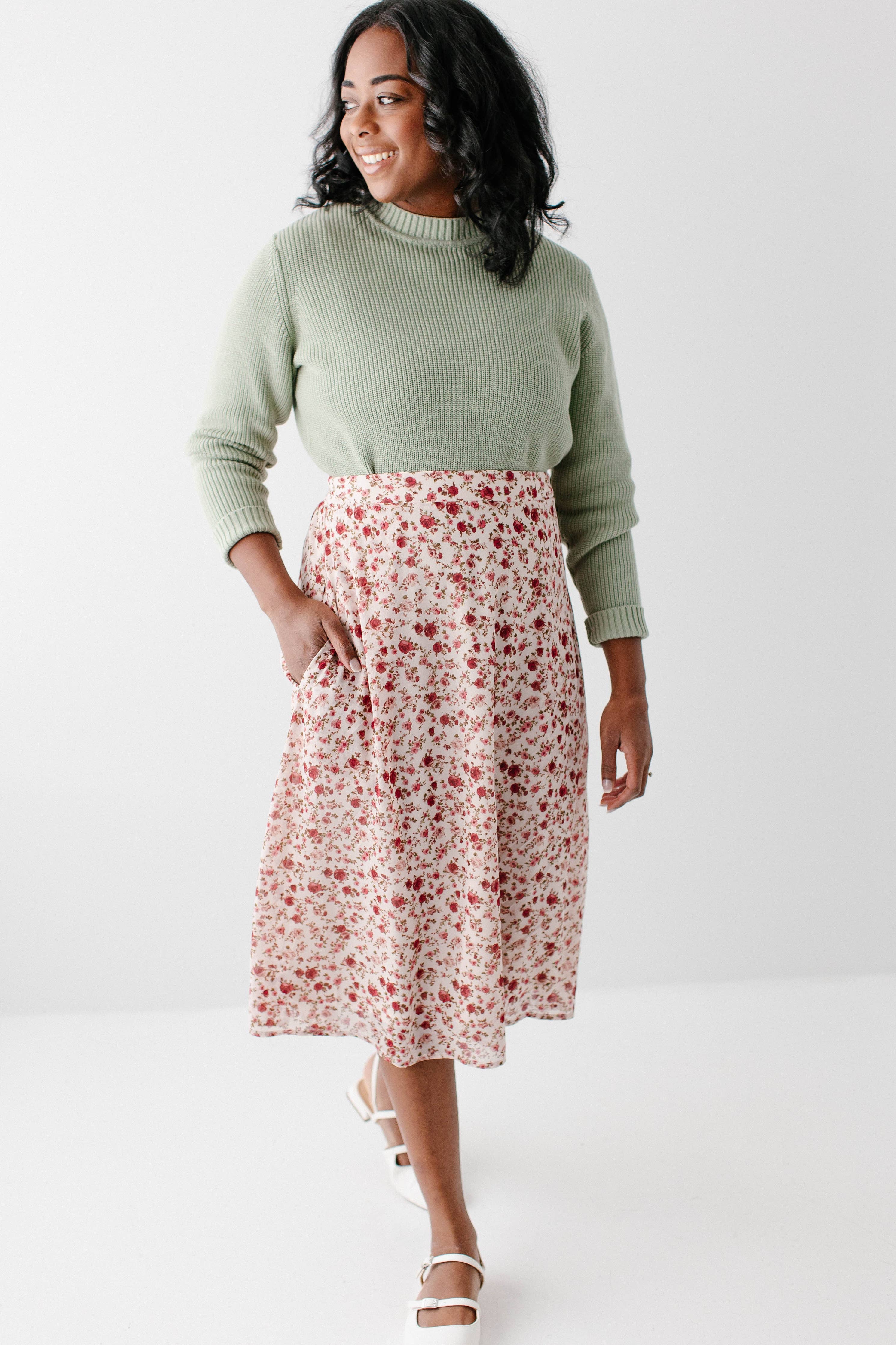 'Annette' Rose Print Midi Skirt