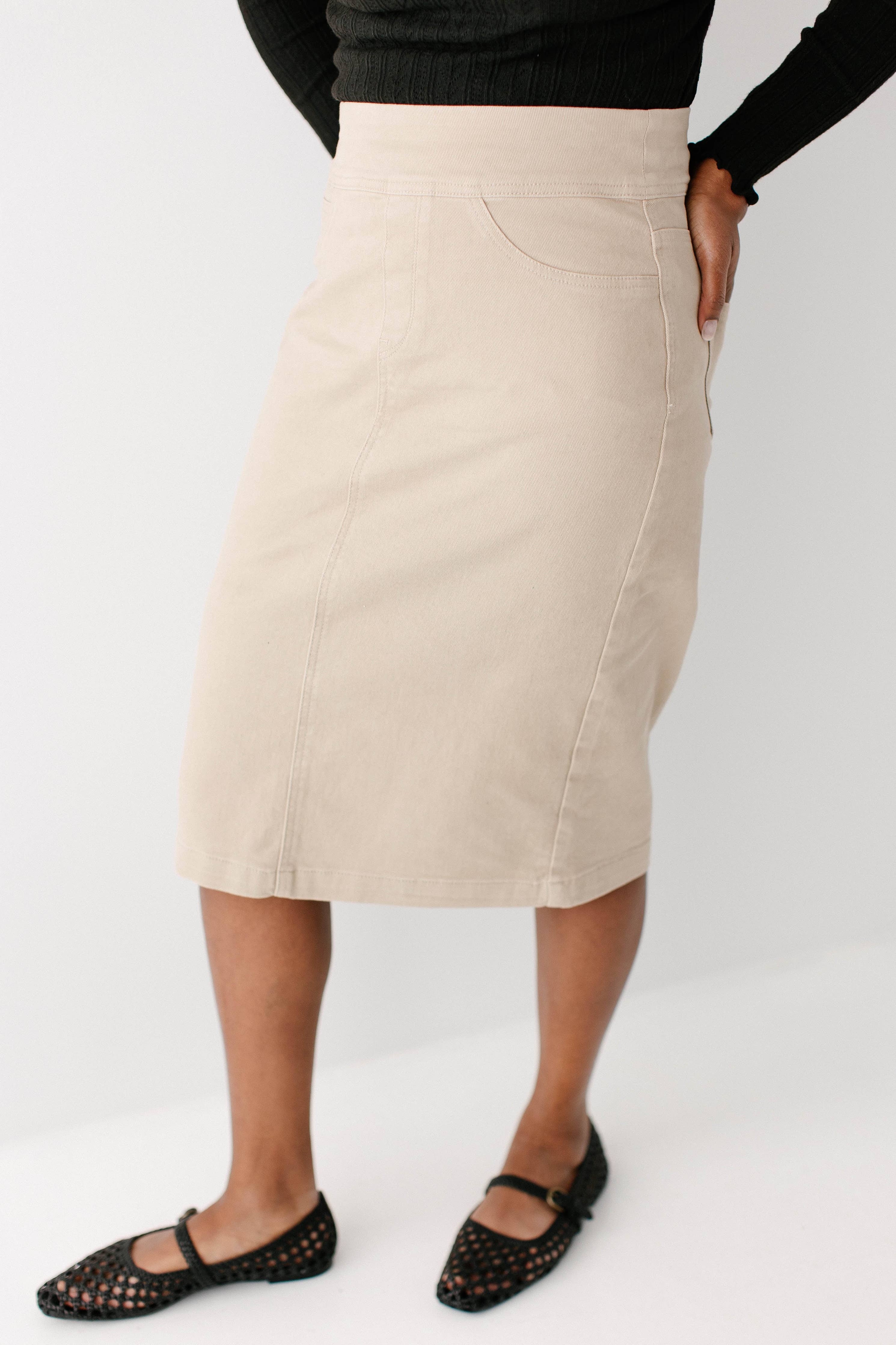 'Sara' Stretch Denim Skirt in Khaki