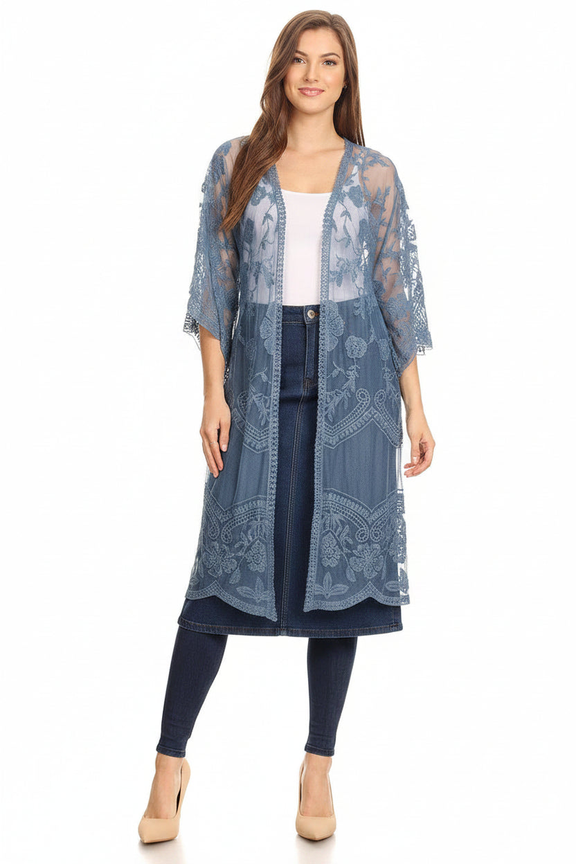 Embroidered Floral Butterfly Kimono Cover Up Cardigan