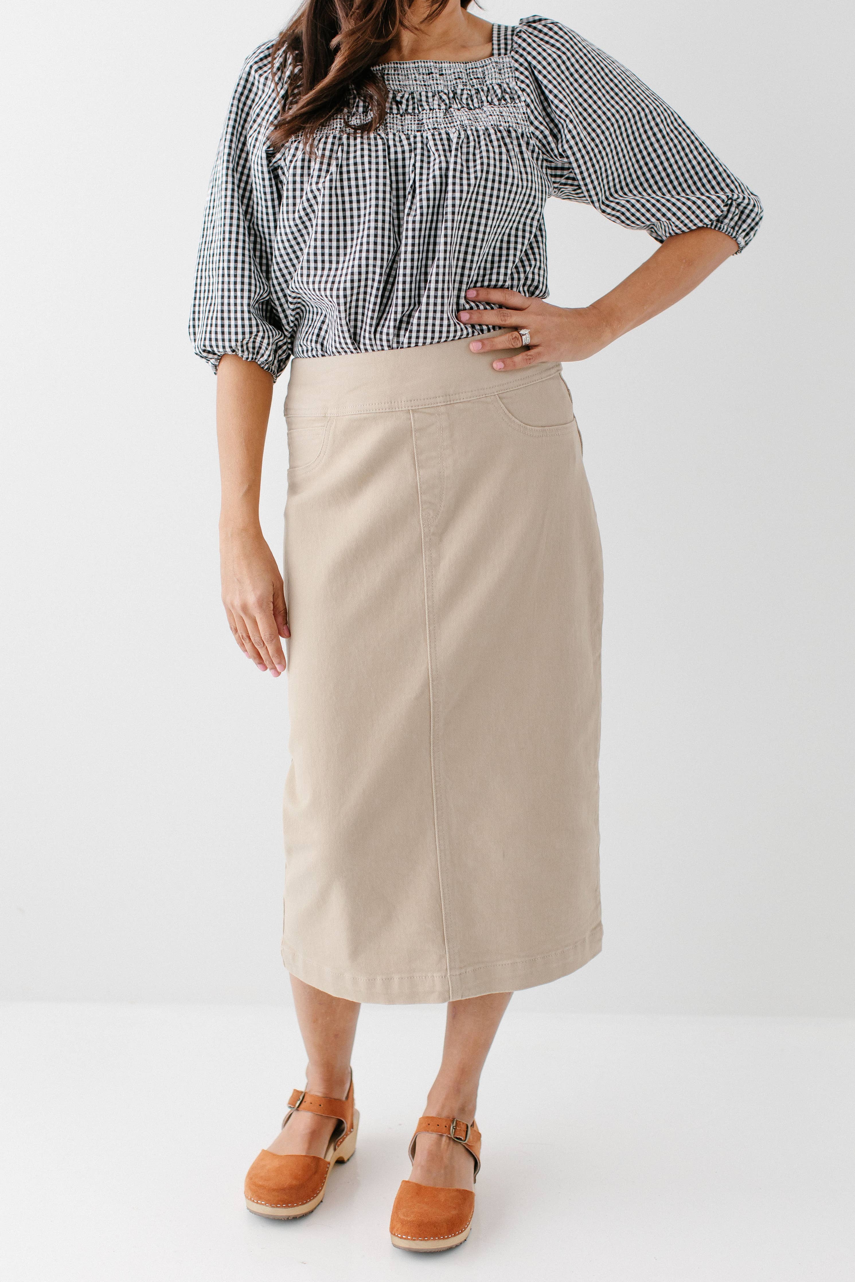 'Sara' Stretch Denim Skirt in Khaki