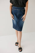 'Sara' Classic Knee Length Dark Denim Skirt