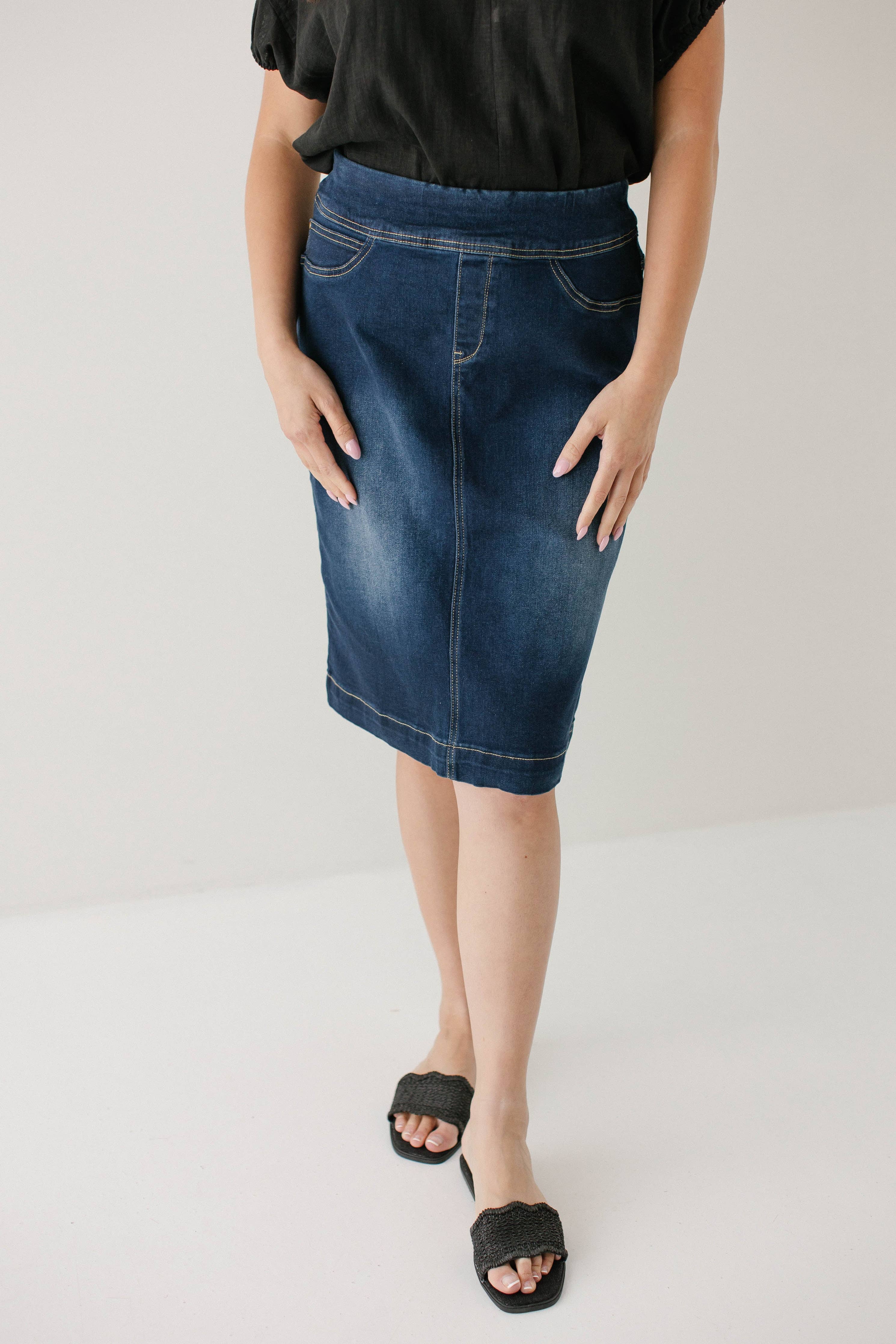 'Sara' Classic Knee Length Dark Denim Skirt