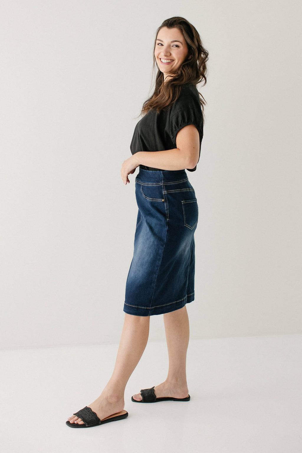 'Sara' Classic Knee Length Dark Denim Skirt