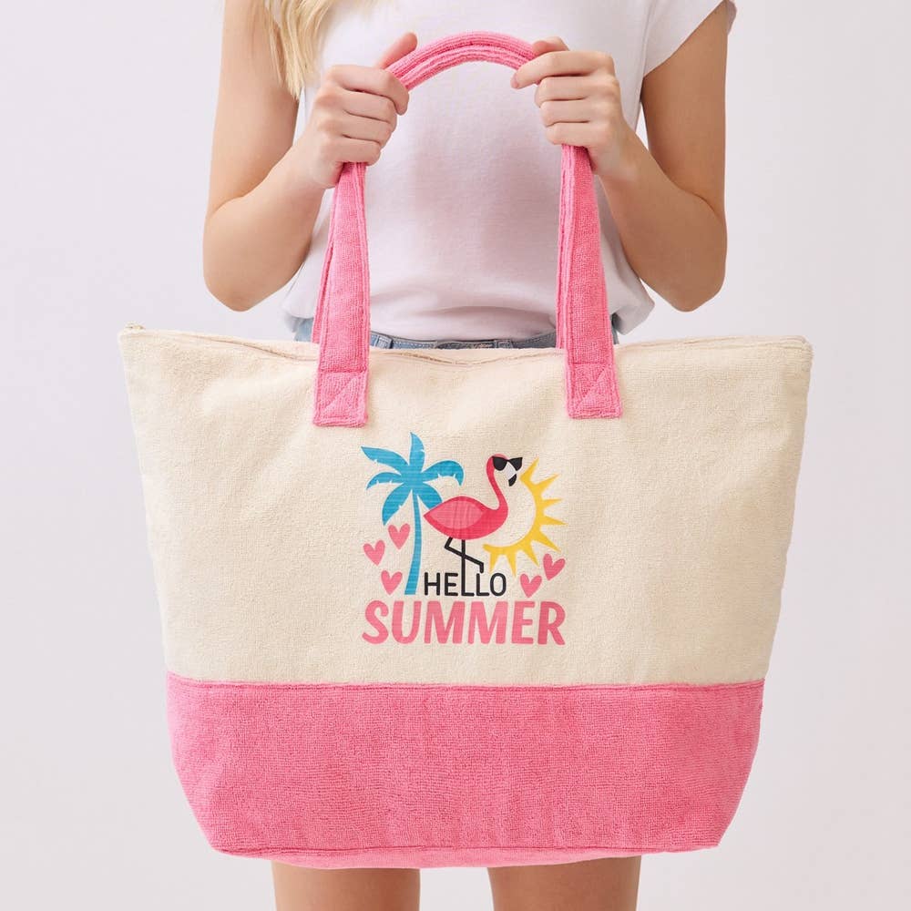 Hello Summer Pink Flamingo Terry Tote Bag