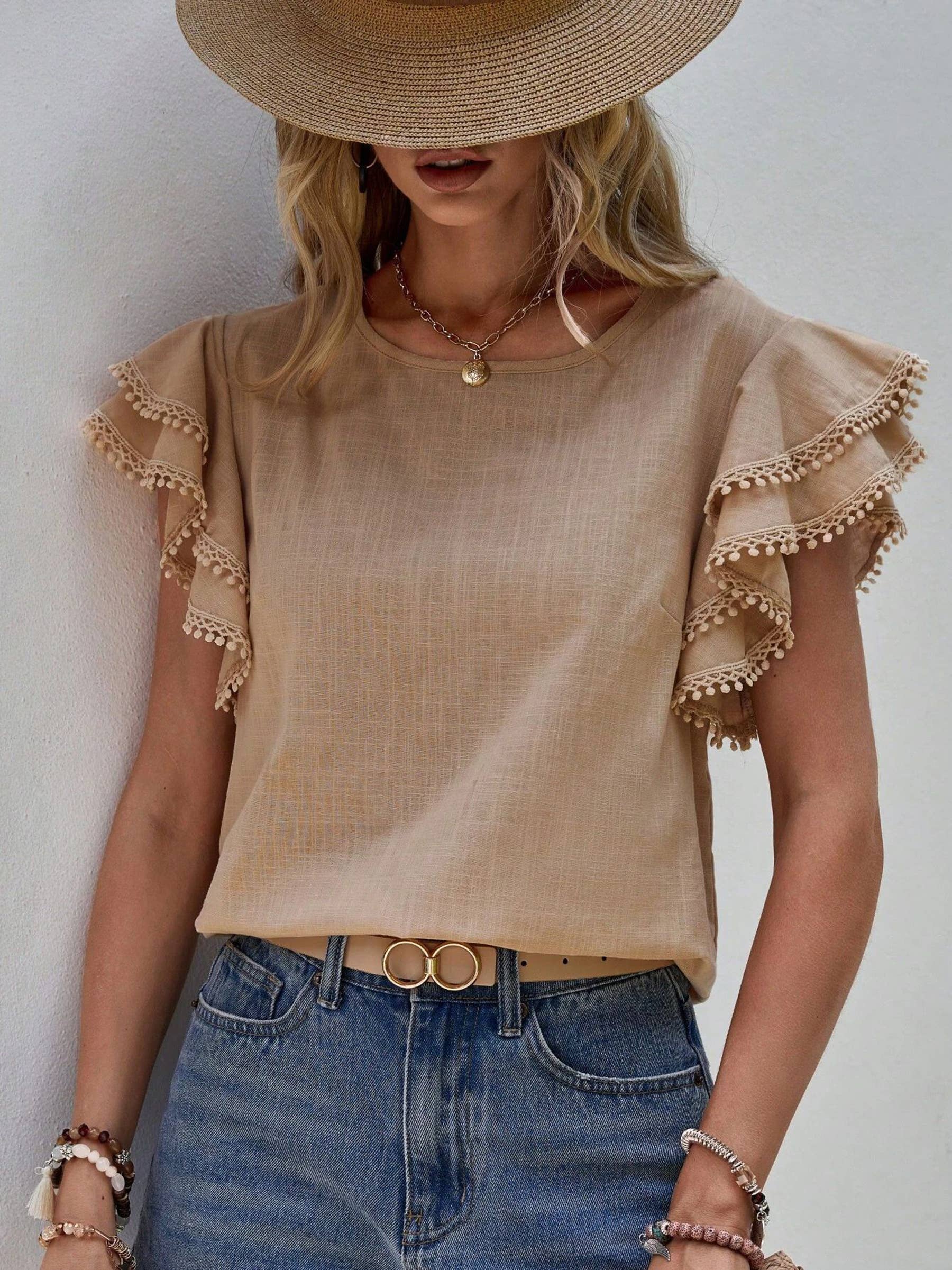 Round Neck Loose Ruffle Short Sleeved Top For Women