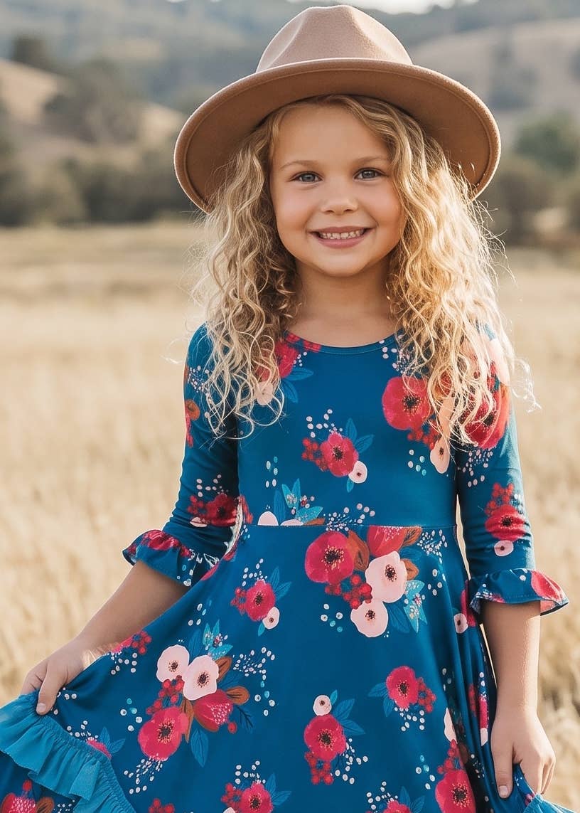 Girls Bella Blue Sapphire & Ruby Garden Twirl Ruffles Dress