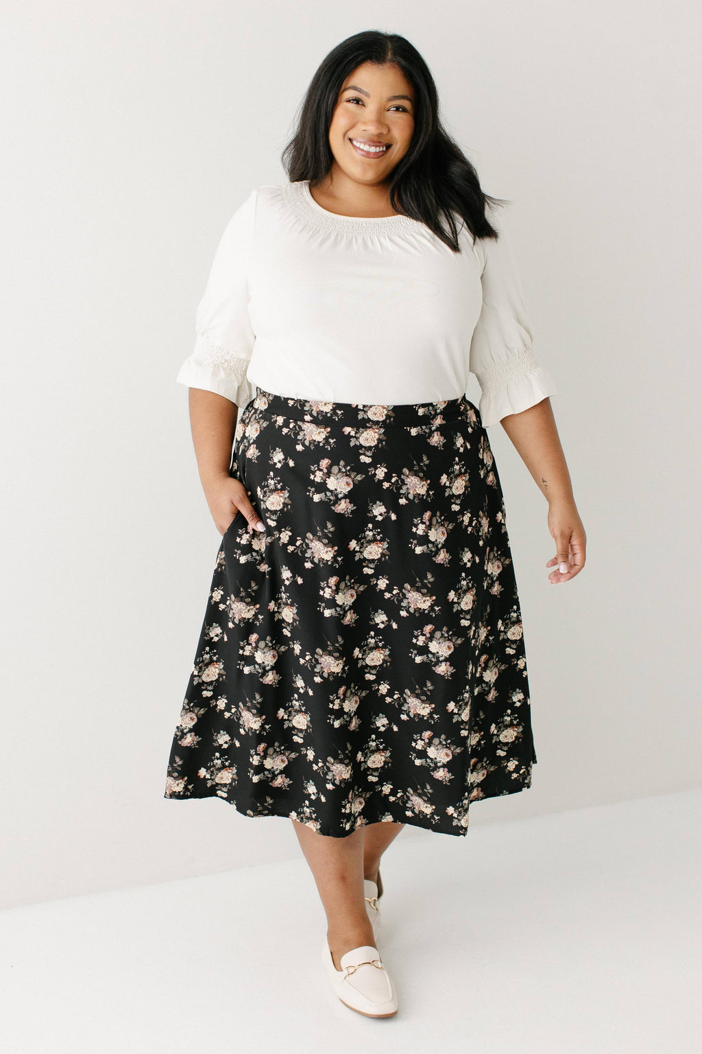'Annette' Rose Print Midi Skirt
